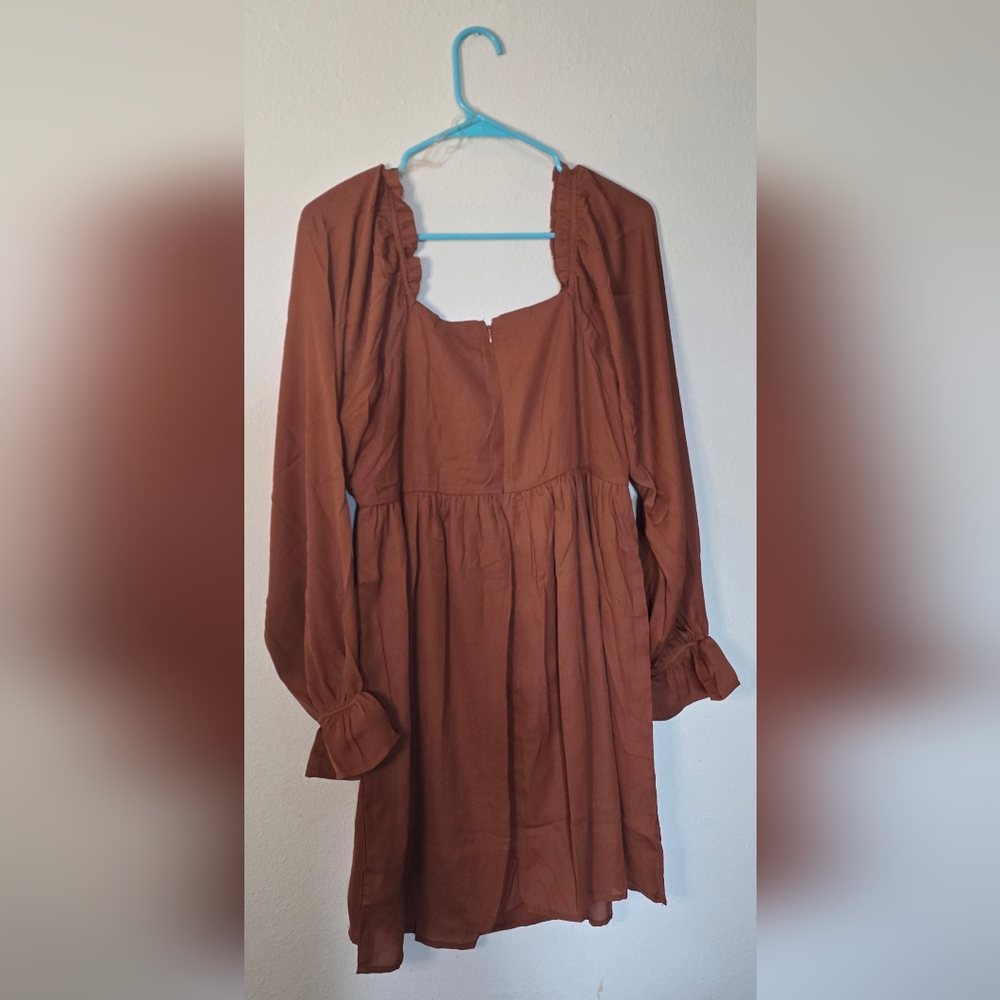 Andrée By Unit Brown Long Sleeve Ruffle Boho Mini Fall Dress New Size Large - Picture 4 of 6